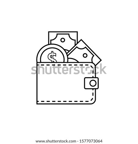 Wallet with paper money and coin. Vector cash line icon in white background.