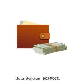 Wallet with paper money icon in cartoon style vector illustration. Billfold with credit cards and cash banknotes flat style design. Finance business and payment concept. Isolated on white
