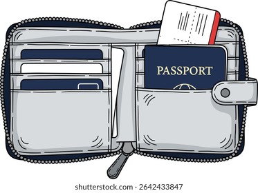 Wallet with Passport and Boarding Pass: Travel Essentials Vector Illustration