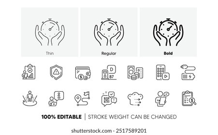 Carteira, aplicativo para telefone e ícones de linha de código Qr. Pack de estação de Diesel, Atenção, ícone de relatório de contabilidade. Pictograma de entrevista, inspeção e pesquisa de cliente. Timer, Viagem, Cartão de crédito. Ícones de linha. Vetor