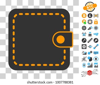 Wallet pictograph with bonus bitcoin mining and blockchain pictographs. Vector illustration style is flat iconic symbols. Designed for blockchain software.