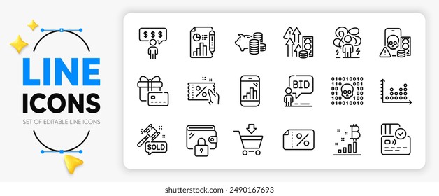 Wallet, Piggy bank and Card line icons set for app include Auction, Auction hammer, Discount banner outline thin icon. Dot plot, Report document, Phishing pictogram icon. Discount coupon. Vector