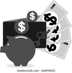 Wallet with piggy bank, vector