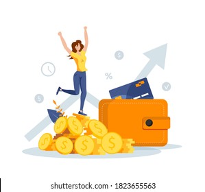 Wallet and pile of coins with rejoicing woman. Profit, income, budget, prosperity, financial success, savings concept. Isolated vector illustration for banner, poster, advertising.