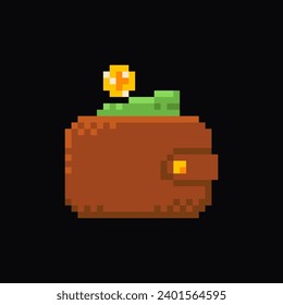 Wallet pixel art icon, wallet with money 8-bit sprite. Isolated vector illustration for pixel art games.