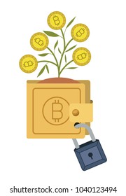 wallet with plant of bitcoins and padlock