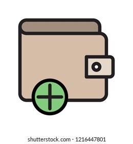 wallet and plus button, money related icon set flat design editable outline.