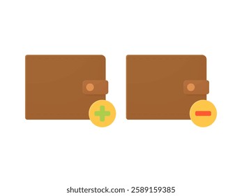 Wallet with plus and minus in cartoon style on a white isolated background. Classic leather men's wallet. Symbol for replenishment and withdrawal of balance