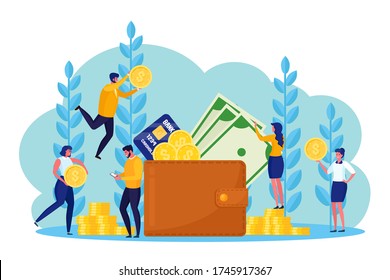 Wallet with pocket money, credit card and banking employee, businessman. Purse with cash isolated on white background. Character with coin flow. Salary, budget concept. Transfer currency Vector design