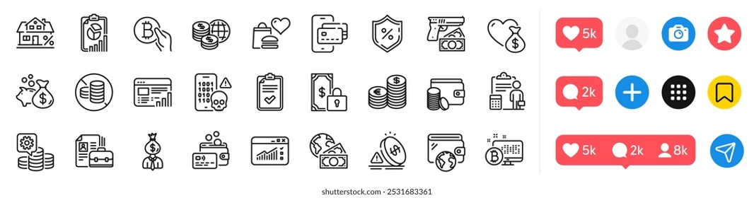 Paquete de iconos de billetera, pago privado y línea de robo. Iconos de redes sociales. Tráfico de Web, Método de pago, Icono de Web de lista de verificación. Informe, tarjeta, hacer dinero pictograma. Pago telefónico, moneda, pago de Bitcoin. Vector