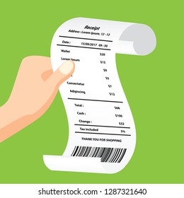 wallet receipt printed template, paper financial check. vector illustration