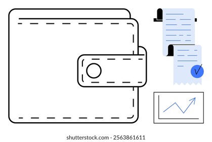 Wallet, receipts, and a graph are highlighted, symbolizing financial management, transactions, budgeting, expense tracking, and savings. Ideal for financial planning, personal finance, accounting