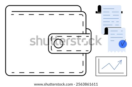 Wallet, receipts, and a graph are highlighted, symbolizing financial management, transactions, budgeting, expense tracking, and savings. Ideal for financial planning, personal finance, accounting