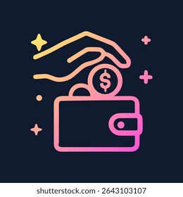 Wallet receiving dollar coin from hand. Icon symbol illustration