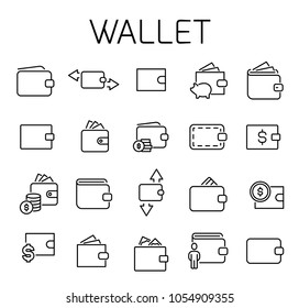 Wallet related vector icon set. Well-crafted sign in thin line style with editable stroke. Vector symbols isolated on a white background. Simple pictograms.