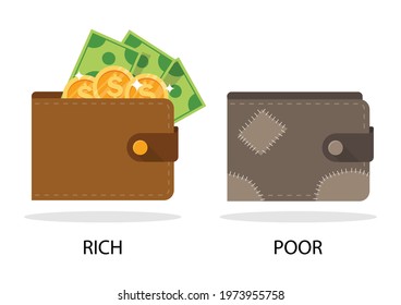 wallet rich and poor on white background. old wallet. new wallet.  business money and finance. vector illustration in flat style modern design.