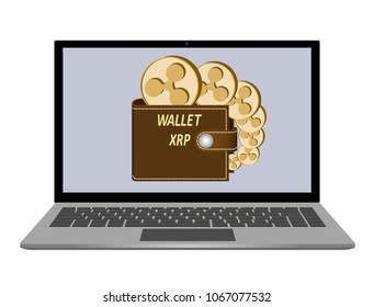 wallet with ripple coins on a laptop screen on  white background , crypto currency coins in the wallet, color design concept