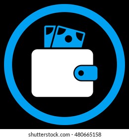 Wallet rounded icon. Vector illustration style is flat iconic bicolor symbol, blue and white colors, black background.