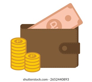 Carteira com moeda rublo e pilha de moedas, notas de pêssego e couro marrom vetor carteira sobre fundo branco para finanças e investimento visuais
