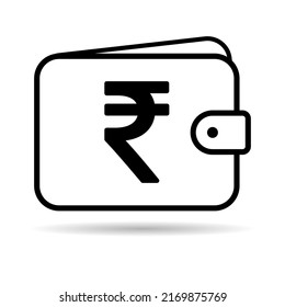 Sombra del icono de la rupia de billetera, símbolo de la planicie financiera, símbolo de la ilustración del vector de efectivo de depósito de economía.