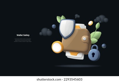 Wallet Security concept. 3d illustration of security shield icon on brown wallet. Concept illustration of safety money protection. Realistic 3d style svg