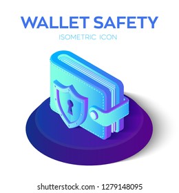 Wallet with Security Shield Icon. 3D Isometric Protect Wallet Icon. Private secure. Protect Savings, Safety, Economy Concept. Financial security in cashless and cash settlements. Vector Illustration.