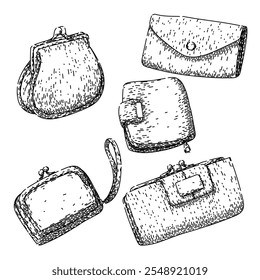 Conjunto de billetera dibujado a mano. Antiguo atemporal, envejecido angustiado, boceto de Vector de billetera coleccionable de patrimonio. ilustración negra aislada