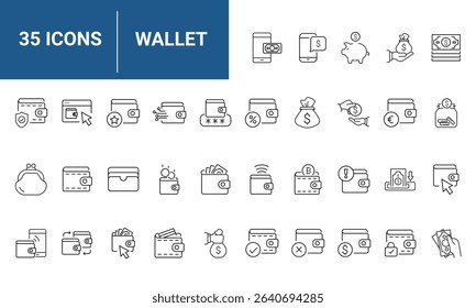 Wallet set of web icons in line style. A collection of linear icons representing wallet concepts, including cash, credit cards, digital wallet, money, security, payment, mobile wallet. Editable stroke