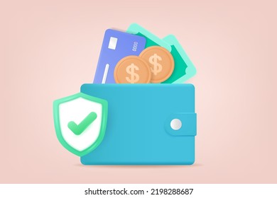 Wallet with shield, credit cards, and money. Safe money operations concept. Internet banking and money transfer. 3d vector illustration.