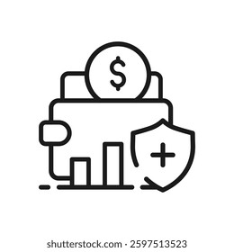 Wallet and shield icon with dollar sign and growth chart in clean, minimalist stroke style
