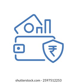 Wallet and shield icon for financial security with growth chart in minimalist stroke style