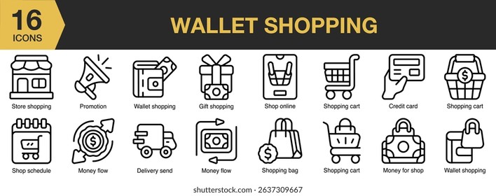 Wallet Shopping icon set. Includes money, wallet, payment, shopping, pay, credit, and More. Outline icons vector collection.