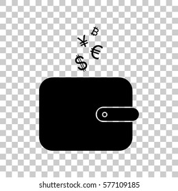 Wallet sign with currency symbols. Black icon on transparent bac