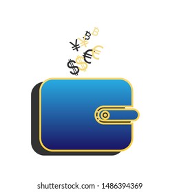 Wallet sign with currency symbols. Blue icon with gold contour with dark gray shadow at white background. Illustration.