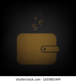Wallet sign with currency symbols. Icon as grid of small orange light bulb in darkness. Illustration.
