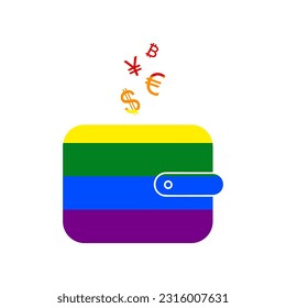 Wallet sign with currency symbols. Rainbow gay LGBT rights colored Icon at white Background. Illustration.