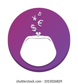 Wallet sign with currency symbols. Vector. White icon with flat shadow on purpureus circle at white background. Isolated.