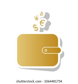 Wallet sign with currency symbols. Vector. Golden gradient icon with white contour and rotated gray shadow at white background.