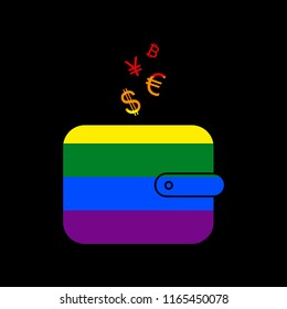 Wallet sign with currency symbols. Vector. Icon with colors of LGBT flag at black background.