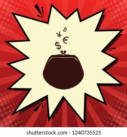 Wallet sign with currency symbols. Vector. Dark red icon in lemon chiffon shutter bubble at red popart background with rays.