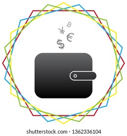 Wallet sign with currency symbols. Vector. Black icon with patch of light inside colorful hexagonal frames at white background.