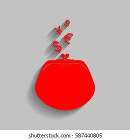 Wallet sign with currency symbols. Vector. Red icon with soft shadow on gray background.