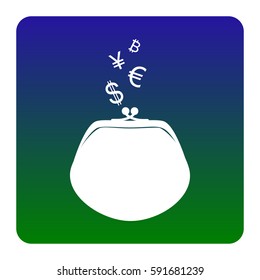 Wallet sign with currency symbols. Vector. White icon at green-blue gradient square with rounded corners on white background. Isolated.