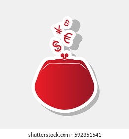 Wallet sign with currency symbols. Vector. New year reddish icon with outside stroke and gray shadow on light gray background.