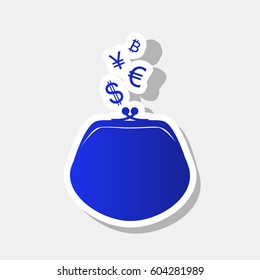 Wallet sign with currency symbols. Vector. New year bluish icon with outside stroke and gray shadow on light gray background.