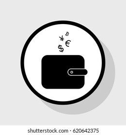 Wallet sign with currency symbols. Vector. Flat black icon in white circle with shadow at gray background.