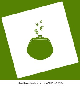 Wallet sign with currency symbols. Vector. White icon obtained as a result of subtraction rotated square and path. Avocado background.