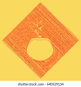 Wallet sign with currency symbols. Vector. Red scribble icon obtained as a result of subtraction rhomb and path. Royal yellow background.