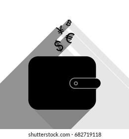 Wallet sign with currency symbols. Vector. Black icon with two flat gray shadows on white background.