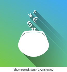 Wallet sign with currency symbols. White Icon with gray dropped limitless shadow on green to blue background. Illustration.